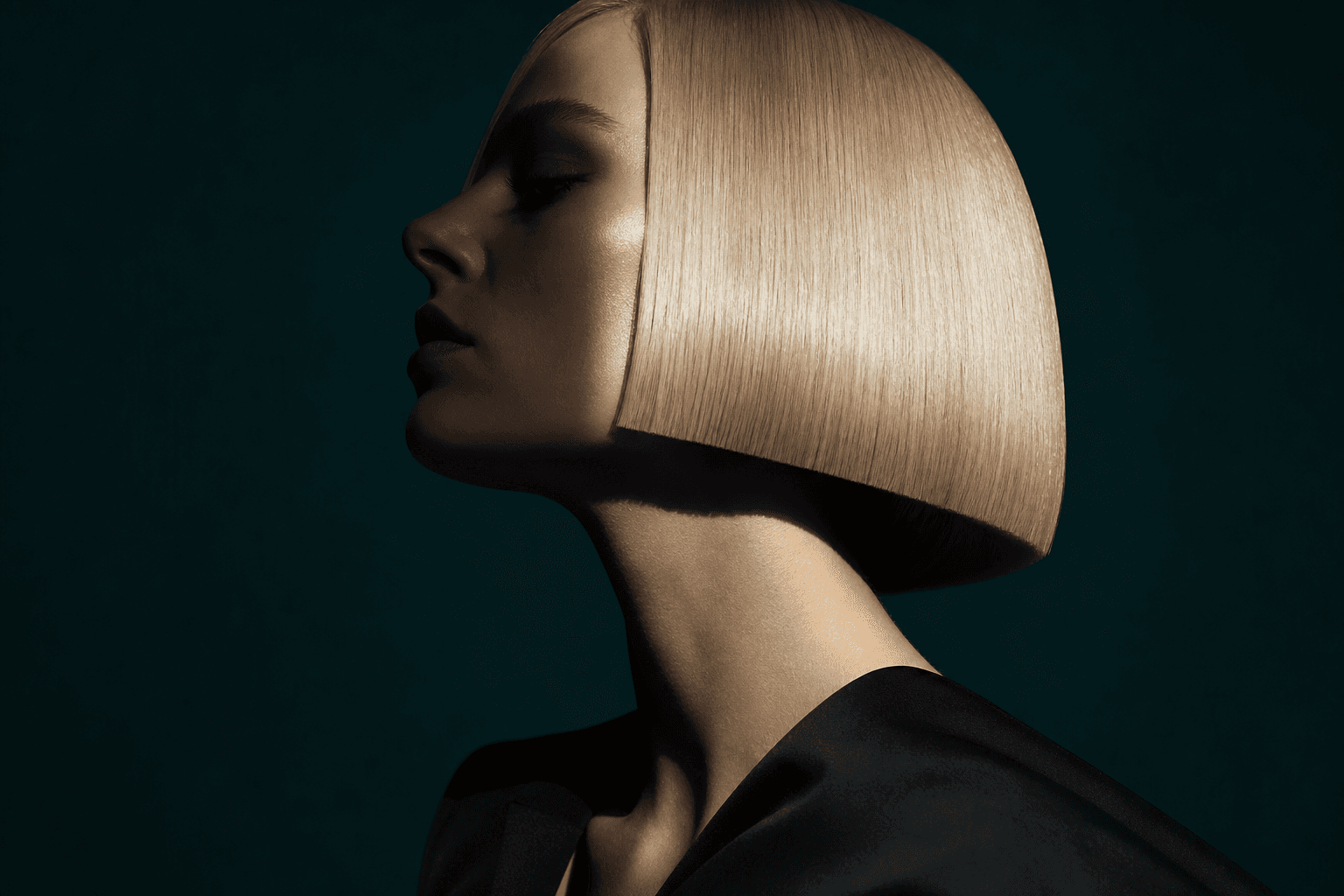 Sculptural platinum bob in profile