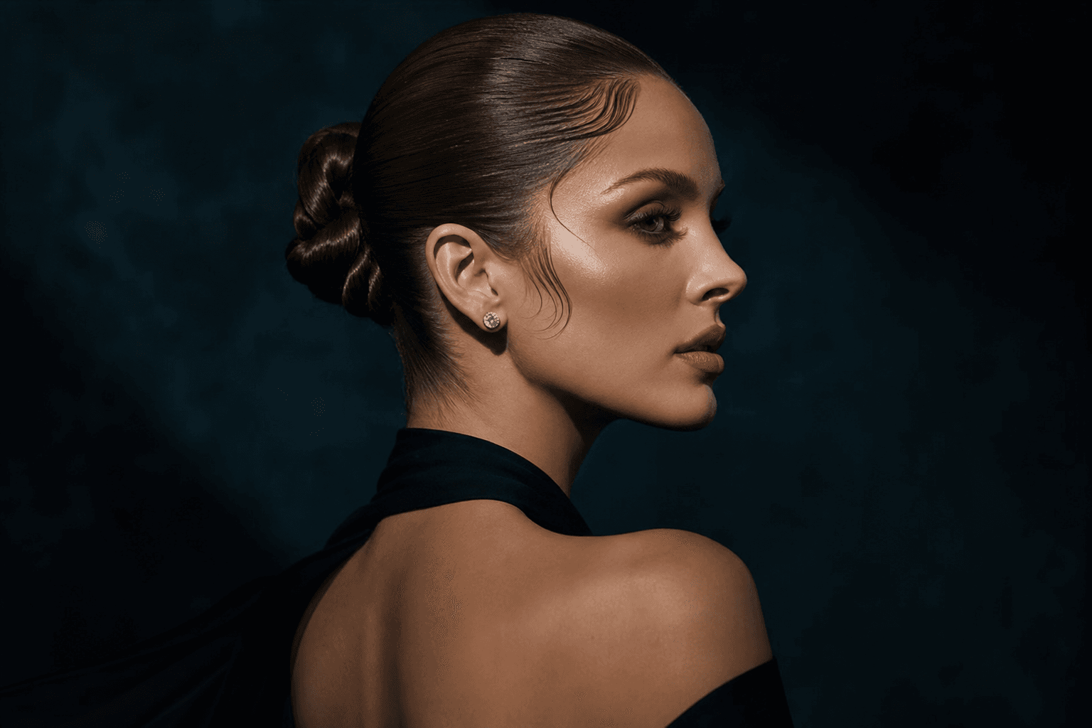 Slicked-back red carpet updo in profile